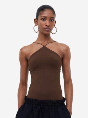 H&M Brown Bungee Halter Jersey Thong Bodysuit